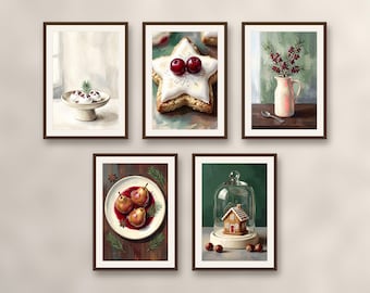 Set of 5 winter bakery and advent sweets art prints, nordic kitchen wall art, poached pears and ivory ceramics