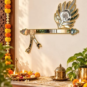 6.5 × 7.5 Inch Peacock Feather And Flute Mirror Décor for Lippan Art, Pooja and Festive Décor, ST-78