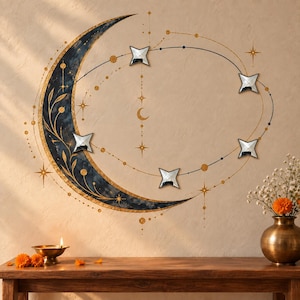 May include: A wall decal featuring a large dark blue crescent moon with gold leaf-like patterns, surrounded by thin gold lines, dots, and five small four-pointed star-shaped mirrors arranged in an elliptical orbit pattern.