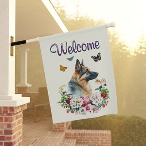 German shepherd spring welcome garden flag banner