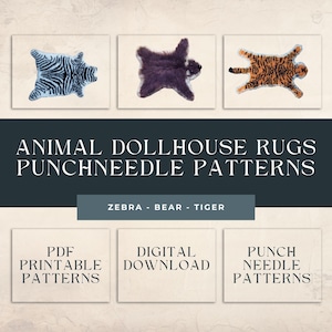 Può includere: Tre schemi di punto ad ago per tappeti per case di bambole. I modelli sono per una zebra, un orso e una tigre. I modelli sono disponibili come stampe PDF e download digitali.