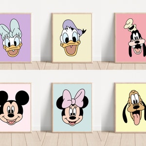 Poster imprimable Mickey et ses amis, art mural Minnie, art mural pour chambre d'enfant, art coloré Mickey, lot de 6