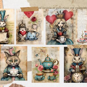 May include: A collage of whimsical illustrations featuring Alice in Wonderland characters, including the Mad Hatter, the White Rabbit, and the Queen of Hearts. The images are set against a backdrop of vintage paper and feature teacups, teapots, and clocks.