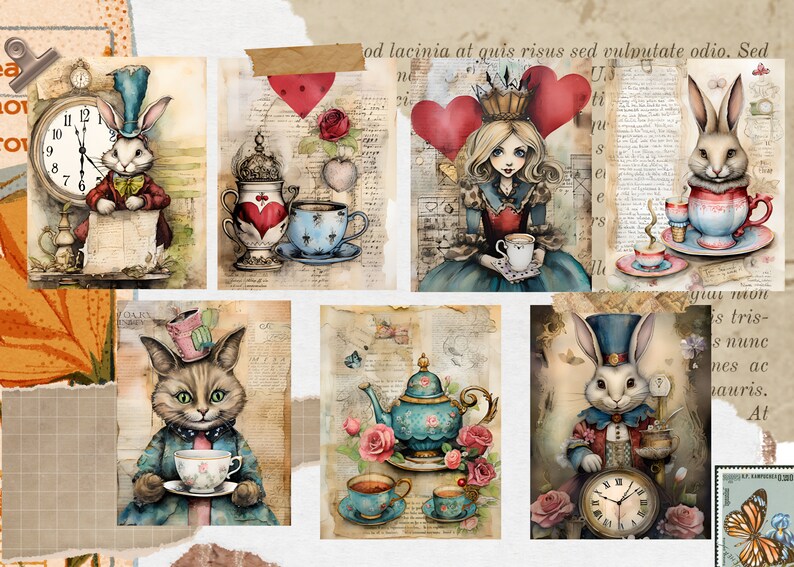 May include: A collage of whimsical illustrations featuring Alice in Wonderland characters, including the Mad Hatter, the White Rabbit, and the Queen of Hearts. The images are set against a backdrop of vintage paper and feature teacups, teapots, and clocks.