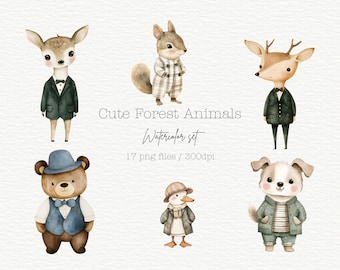 Watercolor Woodland Winter Cute Animals Clipart Bundle, Nursery decor, Kids clip art, 17 Png Cute Wood Animals, Digital Download