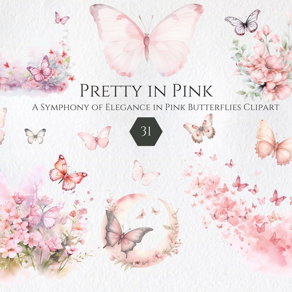 Watercolour Butterflies Clipart Bundle, Pink Floral Clipart PNG, Scrapbooking, Junk Journal, Stickers Clipart, Commercial Use, Digital