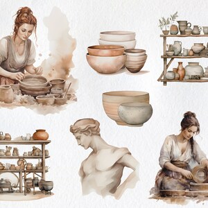 May include: Watercolor illustration of pottery making. A woman is shown working on a pottery wheel, while another woman is shaping clay with her hands. There are also shelves filled with pottery, a sculpture of a man's head, and a bowl.