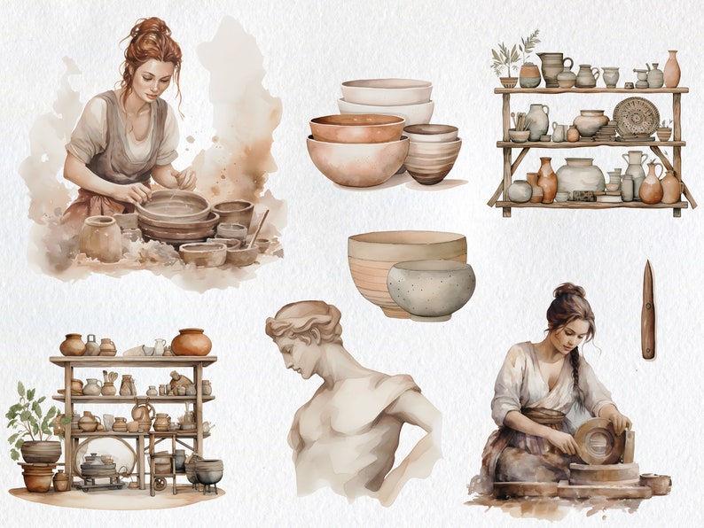 May include: Watercolor illustration of pottery making. A woman is shown working on a pottery wheel, while another woman is shaping clay with her hands. There are also shelves filled with pottery, a sculpture of a man's head, and a bowl.