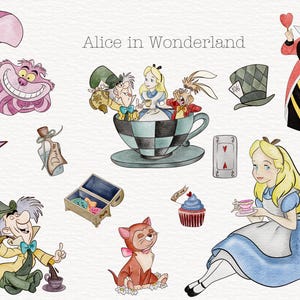Aquarell Alice im Wunderland PNG Clipart Bundle, Aquarell Alice Mad Hatter White Rabbit Teeparty Illustration, kommerzielle Nutzung