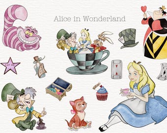 Watercolor Alice in Wonderland PNG Clipart Bundle, Watercolor Alice Mad Hatter White Rabbit Tea Party Illustration, Commercial Use