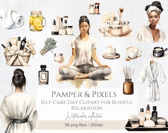 Watercolor Spa Day Clipart Bundle, Relaxation Clipart, Beauty Clipart, Planner Girl Clipart, Junk Journal, Scrapbooking,  Commercial Use