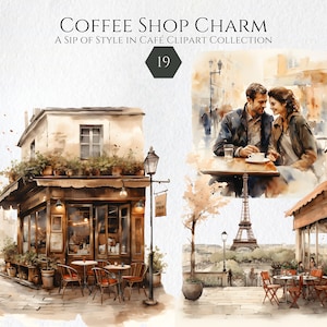 Aquarell Paris Coffee Shop Clipart PNG, süße Paris Szenen PNG, Café, französische Bäckerei, Eiffelturm, Scrapbook Sticker Kommerzielle Nutzung