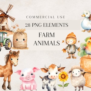 Watercolor Farm Animals Clipart Bundle, Cute Farm PNG, Baby Shower Clipart, Nursery decor Kids clip art 28 Png Cute Animals Digital Download
