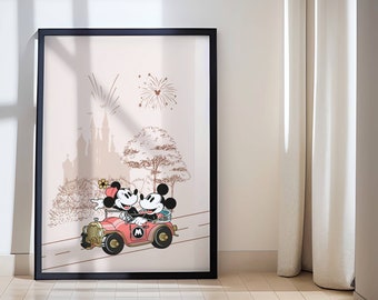 Printable Mickey And Minnie Poster, Wall Art Minnie, Nursery Wall Art, Hand Drawn Mouse Poster, Digital Download