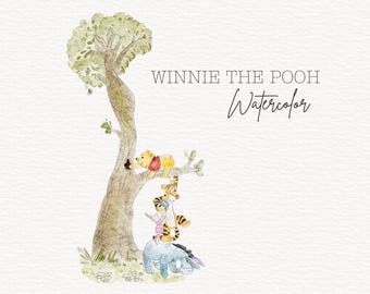 Puede incluir: Ilustración de acuarela de Winnie the Pooh con Winnie the Pooh, Piglet, Tigger y Eeyore en un árbol. Los personajes están dibujados en un estilo caprichoso con pintura de acuarela.