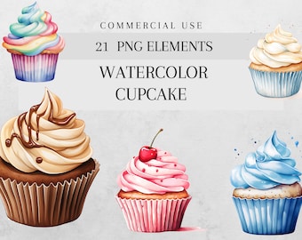 Clipart de cupcakes de acuarela, arte digital, imágenes prediseñadas para hornear, imágenes prediseñadas de postres, imágenes prediseñadas de dulces, uso comercial, artesanías en papel, álbum de recortes,