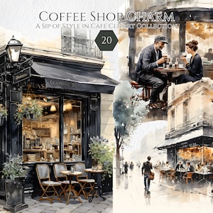 Aquarelle Paris Coffee Shop Clipart PNG, Cute Paris Scenes PNG, Café, Boulangerie Français, Tour Eiffel, Scrapbook Sticker Utilisation commerciale
