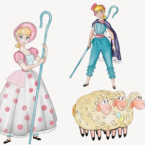 Może przedstawiać: Dwie postacie z Toy Story, dziewczyna ubrana w pasterkę w r&oacute;żowo-białej sukience z niebieską laską i chłopiec ubrany w kowboja w niebiesko-białym stroju z niebieską laską. Postacie stoją na białym tle z tekstem "TOY STORY" w prawym g&oacute;rnym rogu. Trzy owce znajdują się w prawym dolnym rogu.