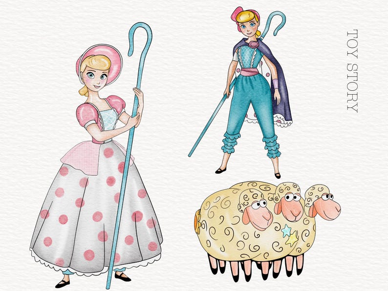 Może przedstawiać: Dwie postacie z Toy Story, dziewczyna ubrana w pasterkę w r&oacute;żowo-białej sukience z niebieską laską i chłopiec ubrany w kowboja w niebiesko-białym stroju z niebieską laską. Postacie stoją na białym tle z tekstem "TOY STORY" w prawym g&oacute;rnym rogu. Trzy owce znajdują się w prawym dolnym rogu.