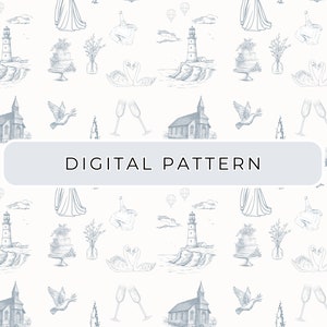 May include: A seamless pattern featuring a variety of wedding-themed illustrations in a light blue color. The pattern includes a lighthouse, a church, swans, doves, champagne flutes, wedding cake, flowers, and a bride's dress.