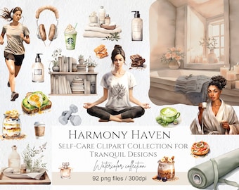 Watercolor Self-Care Clipart Bundle, Relaxation Day Graphics (Commercial Use)