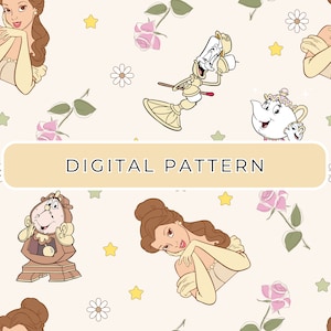 Tema de patrón de papel digital Princess Belle, Beauty Belle Seamless File PNG, Uso comercial, Descarga digital