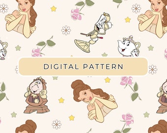Princess Belle Digital Paper Pattern Theme, Beauty Belle Seamless File PNG, Commercial Use, Digital Download