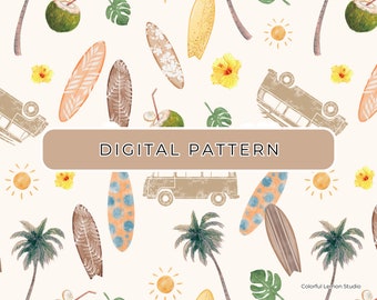 Surfing Digital Paper Pattern, Surf Board Seamless Pattern, Digital Paper, Tropical pattern PNG, Patterned Paper Scrapbooking Commercial Use