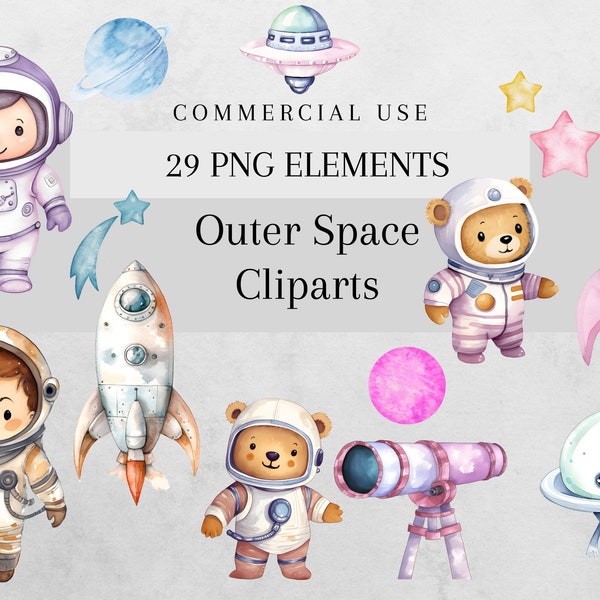 Watercolor Space Clipart Bundle, Cute Astronaut PNG,  Planets Clipart, Commercial Use, Digital Download