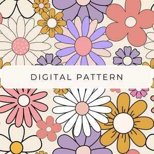 Boho Daisy Flower Digital Paper Pattern, Flower Seamless Patterns,  Digital Patterned Paper PNG, Scrapbooking Commercial Use
