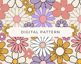 Boho Daisy Flower Digital Paper Pattern, Flower Seamless Patterns,  Digital Patterned Paper PNG, Scrapbooking Commercial Use