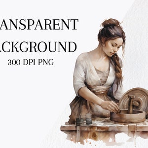 May include: A watercolor painting of a woman in a white dress, working at a pottery wheel. She is carefully shaping a clay pot with her hands. The scene is set in a rustic workshop, with tools and other pottery pieces scattered around.