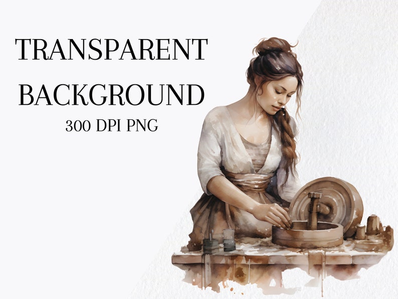 May include: A watercolor painting of a woman in a white dress, working at a pottery wheel. She is carefully shaping a clay pot with her hands. The scene is set in a rustic workshop, with tools and other pottery pieces scattered around.