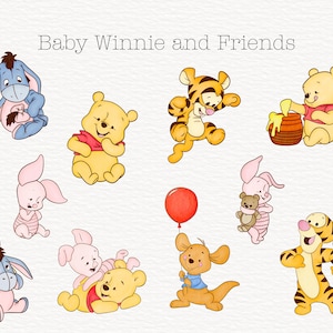 Paquete de imágenes prediseñadas de Winnie the Pooh y sus amigos, 10 imágenes PNG de Winnie the Pooh, Winnie para baby shower, invitación de cumpleaños, etc., uso comercial.