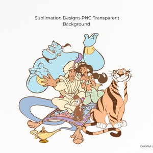 May include: A cartoon illustration of Aladdin, Jasmine, Genie, Abu, and Rajah from Disney's Aladdin. The characters are on a magic carpet flying through the air. The image is in a cartoon style with bright colors.