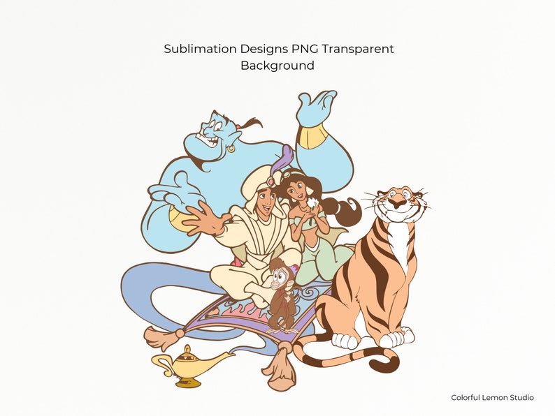 May include: A cartoon illustration of Aladdin, Jasmine, Genie, Abu, and Rajah from Disney's Aladdin. The characters are on a magic carpet flying through the air. The image is in a cartoon style with bright colors.