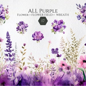 Aquarelle bouquets de fleurs violettes Clipart PNG, couronne de fleurs, prairie, clipart mariage, fleurs élégantes, usage commercial, téléchargement numérique