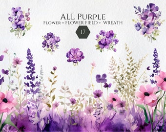 Watercolor Purple Floral Clipart, Bouquets, Wreath (Digital Download)