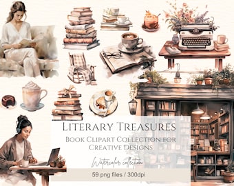 May include: Watercolor clipart collection featuring literary themes. Includes stacks of books, a typewriter, coffee cups, a rocking chair, and a woman reading. The text reads "LITERARY TREASURES BOOK CLIPART COLLECTION FOR CREATIVE DESIGNS Watercolor collection 59 png files / 300dpi."