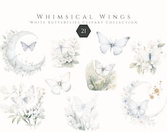 Paquete de imágenes prediseñadas de mariposas de acuarela, imágenes prediseñadas florales blancas PNG, scrapbooking, diario basura, imágenes prediseñadas de pegatinas, uso comercial, digital