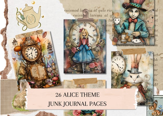Vintage Alice Journal Pages Printable, Alice in Wonderland Scrapbook Pages, Vintage Junk Journal Kit, Junk Journal Kit, Downloadable Journal