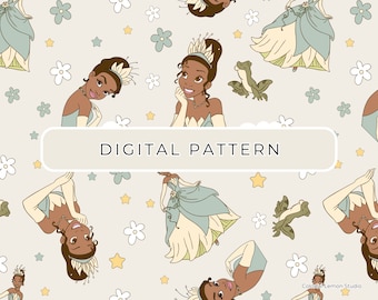 Papel digital de La princesa y el sapo, patrón sin costuras de Tiana (PNG, PDF)