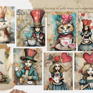 May include: A collage of whimsical illustrations featuring characters from Alice in Wonderland. The characters include the Mad Hatter, the White Rabbit, the Queen of Hearts, and the Cheshire Cat. Each character is depicted holding a teacup and saucer, with a vintage background.