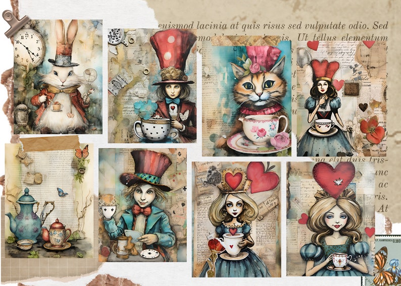 May include: A collage of whimsical illustrations featuring characters from Alice in Wonderland. The characters include the Mad Hatter, the White Rabbit, the Queen of Hearts, and the Cheshire Cat. Each character is depicted holding a teacup and saucer, with a vintage background.