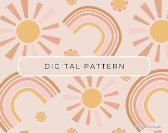 Sun Rainbow Digital Paper Pattern Theme, Boho Summer Rainbow Sun Seamless File PNG, Commercial Use, Digital Download
