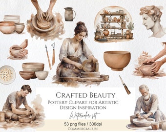 Watercolor Pottery Clipart Bundle, Clay Sculpting, Ceramic Clipart, Sculptures Clipart, Clay Pots, Junk Journal, Scrapbooking Commercial Use