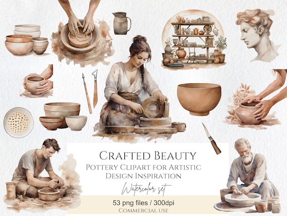 Watercolor Pottery Clipart Bundle, Ceramic Art (Commercial Use)