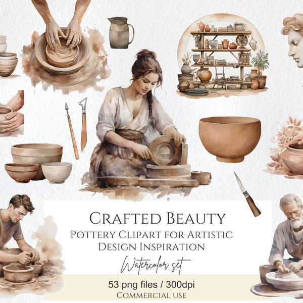 Watercolor Pottery Clipart Bundle, Clay Sculpting, Ceramic Clipart, Sculptures Clipart, Clay Pots, Junk Journal, Scrapbooking Commercial Use