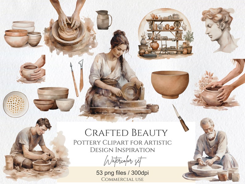 May include: Watercolor clipart set of pottery items, including bowls, plates, and a potter's wheel. The set features a variety of colors and textures, including brown, beige, and white. The clipart is perfect for creating artistic designs and illustrations.