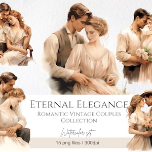 Acuarela hermosa mujer hombre retrato clipart PNG, parejas románticas clipart, pareja edding, Scrapbook Junk Journal uso comercial digital